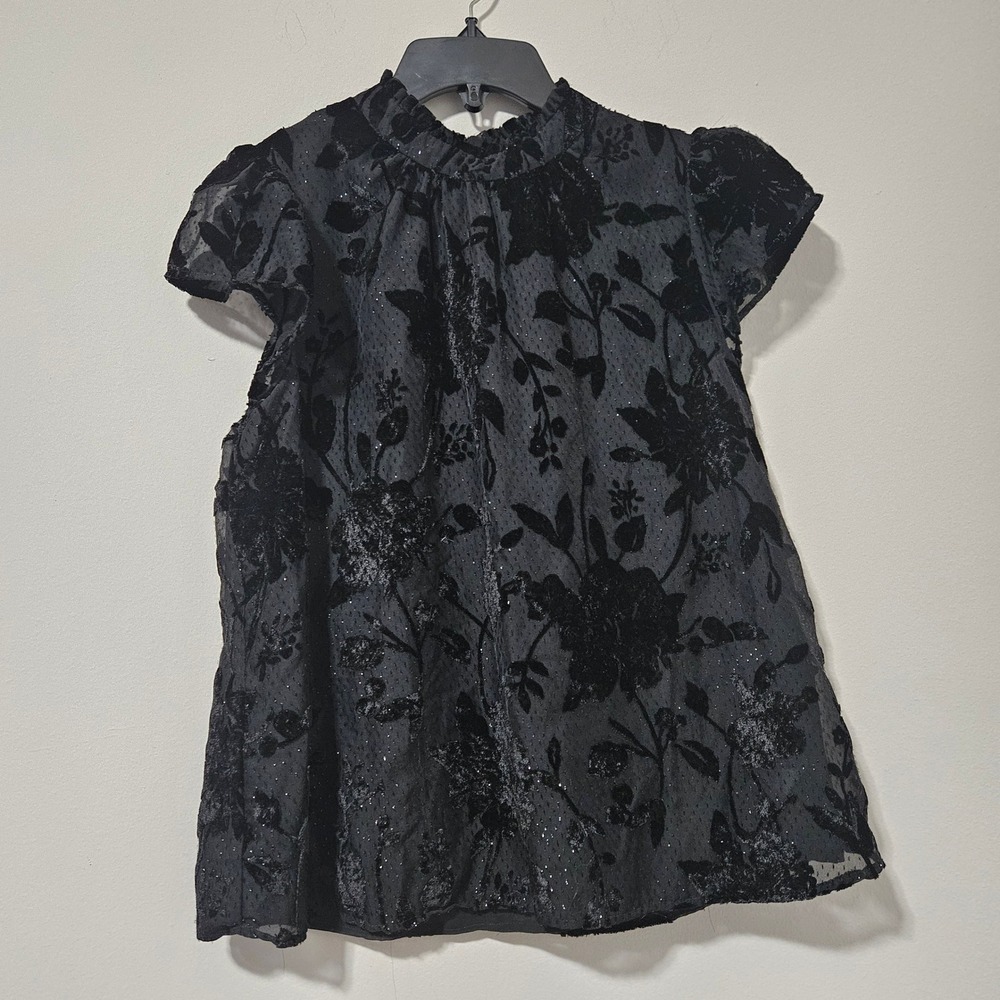 Express Black‎ Velvet Floral Burnout Mock Neck Ruffle Blouse Metallic Glitter M